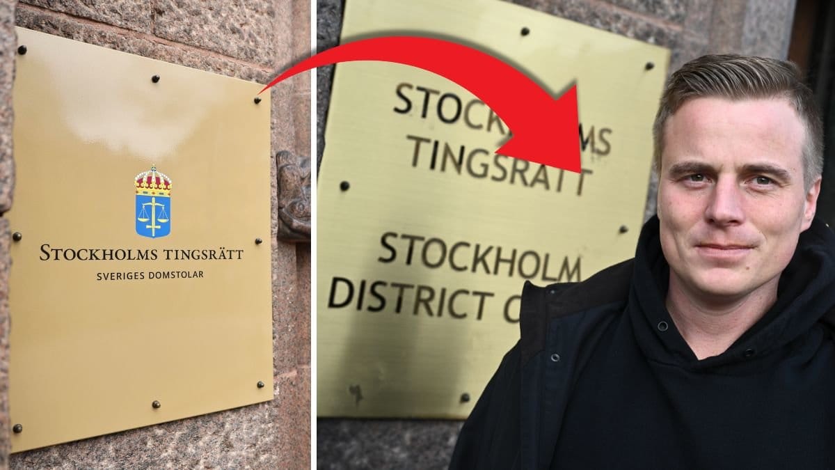 Bild på skylt Stockholm tingsrätt till vänster. Bild på Jonathan Ravelin till höger.