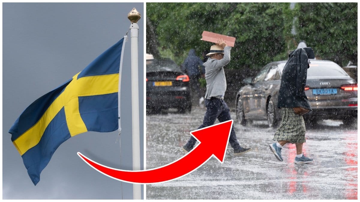 Sverige-flagga mot en gråmulen himmel och två personer som går igenom regn.