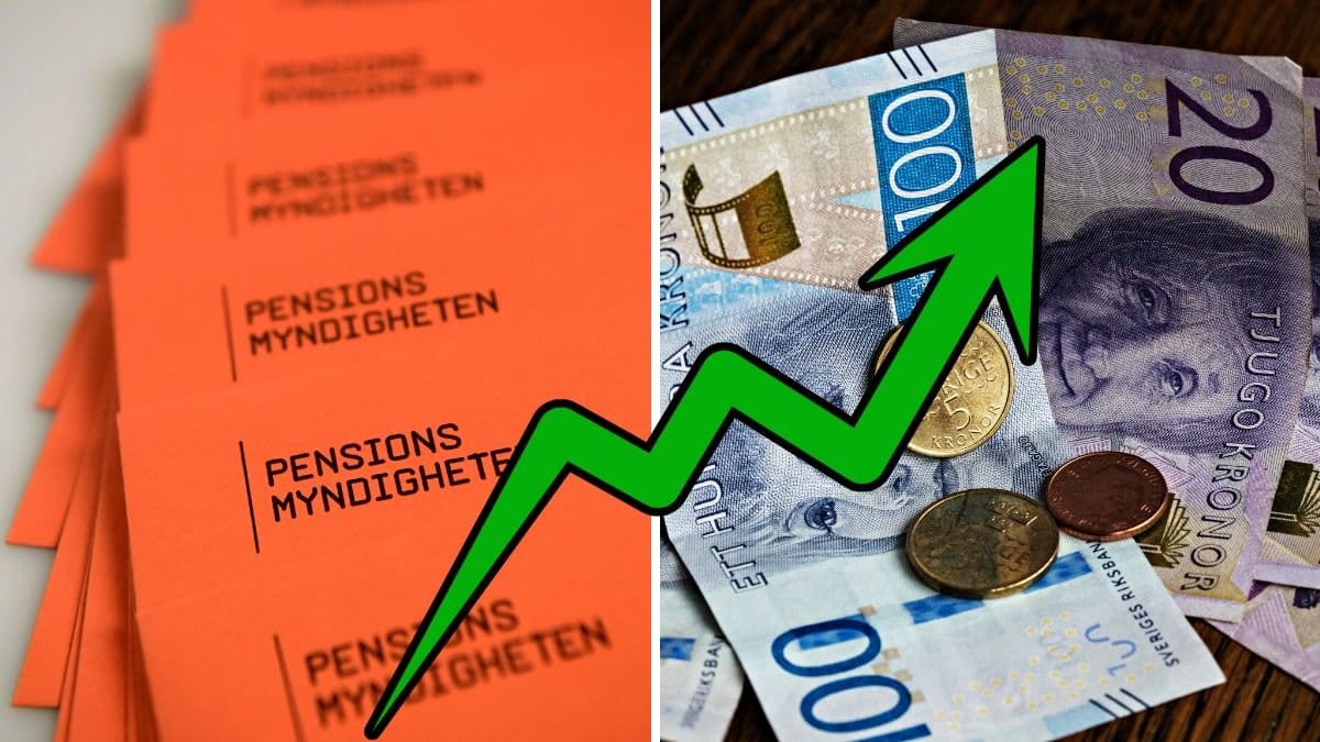 Orange kuvert från Pensionsmyndigheten och pengar.