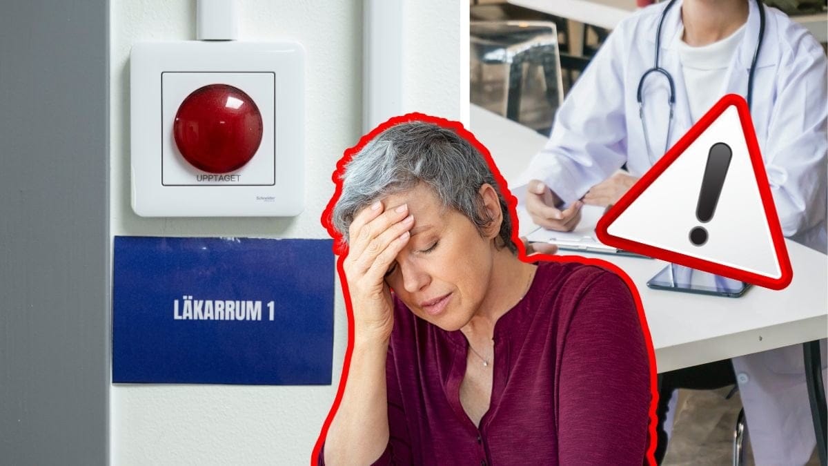 Läkarmottagning till vänster. Oroande kvinna i mitten. Varningskylt över henne. Närbild läkares rock till höger. 