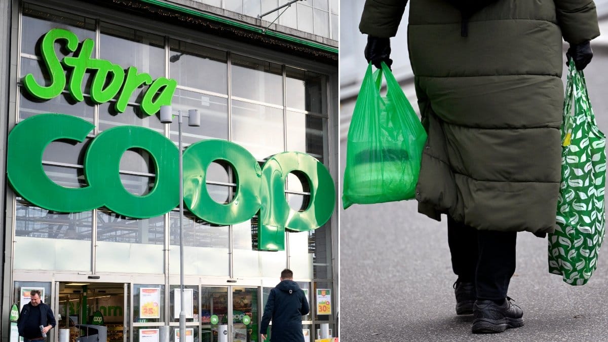 Bild på Coop-logga och kassar.