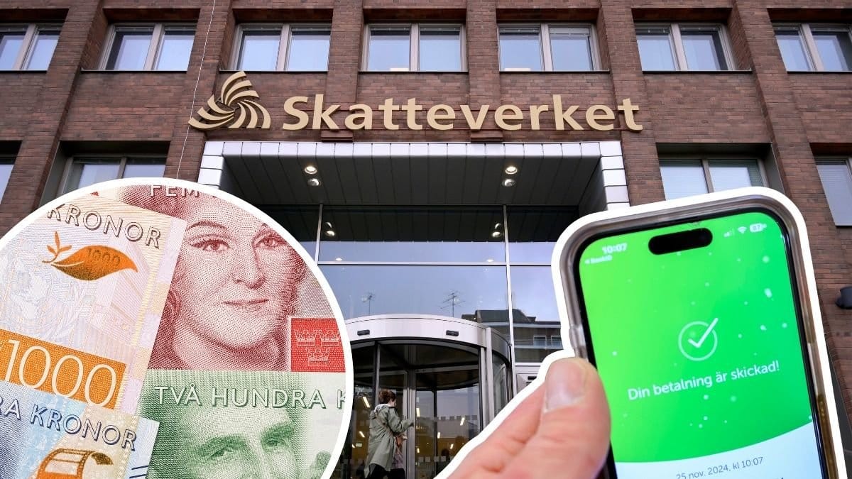 Svenska sedlar, Skatteverkets logga ovanför deras entré och Swish-appen i en mobil
