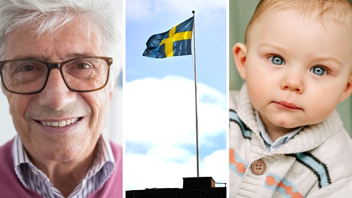En medelålders man, en svensk hissad flagga och en liten pojke.