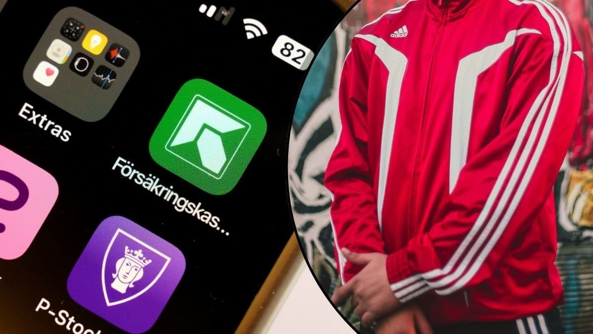 Bilder på Försäkringskassans app och Adidas-kläder.
