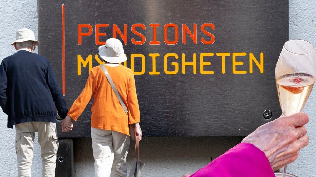Pensionsmyndigheten, äldre par och ett glas med bubbel.