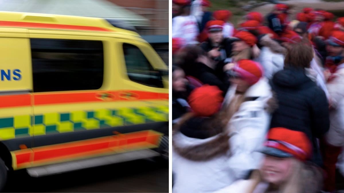 ambulans till vänster. Norska studenter till höger.