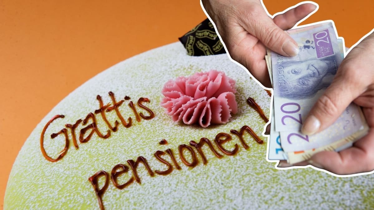 Pensionstårta och händer som håller i sedlar.