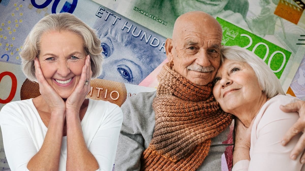 Pengar, en glad kvinna och ett äldre par som håller om varandra.