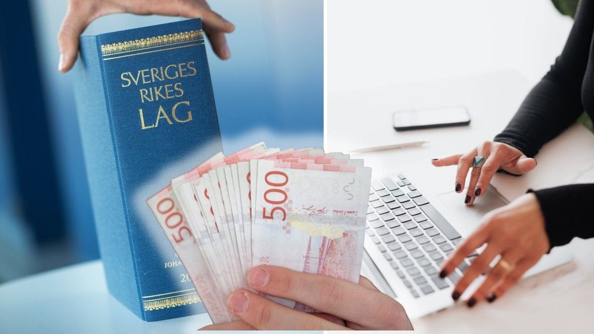 Lagbok, dator och pengar i handen.