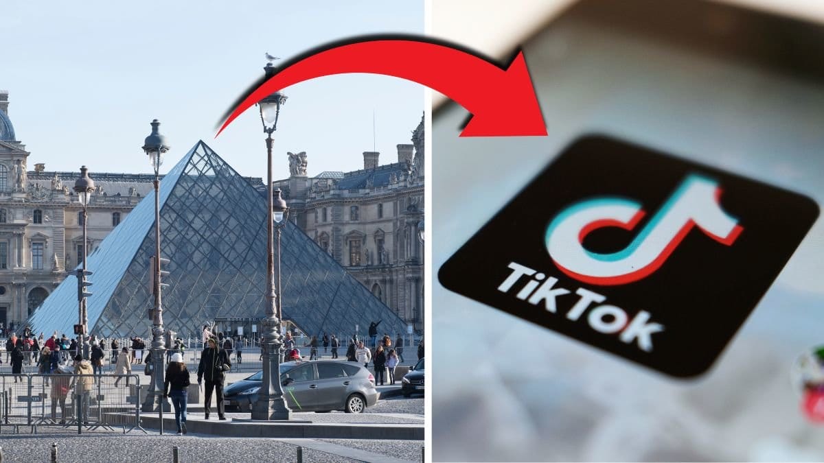 Louvren till vänster. Bild på mobilskärm med TikTok loggan till höger. Röd pil pekar på TikTok loggan.