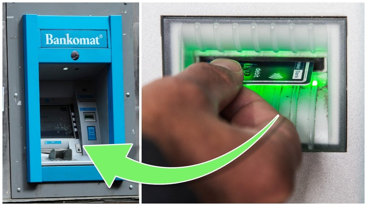 Uttagsautomat från Bankomat AB och en hand som för in ett bankkort i en uttagsautomat.