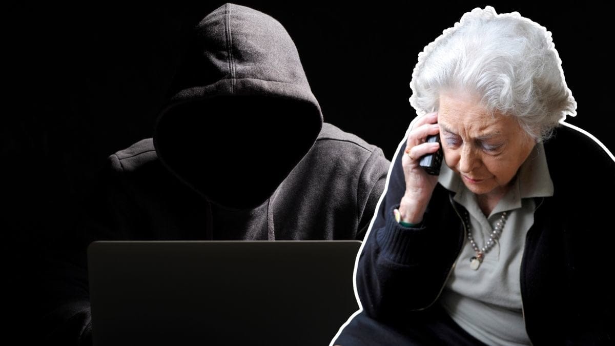 Bedragare och en äldre kvinna som pratar i telefon.