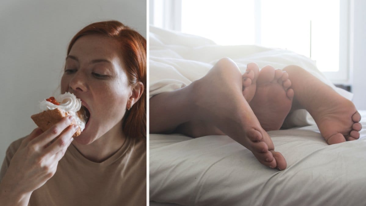 Tjej äter tårta och fötter.