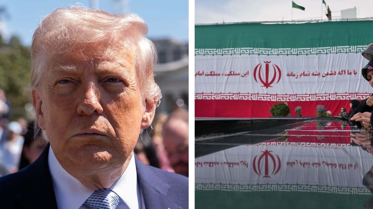 Trump vänster, irans flagga höger.
