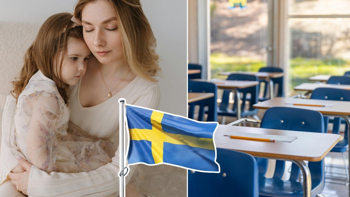 Mamma, barn, flaga, skola