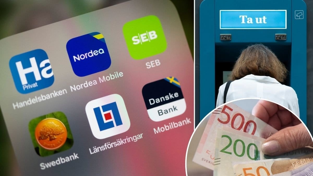 Bankappar, en kvinna vid en bankomat och pengar.