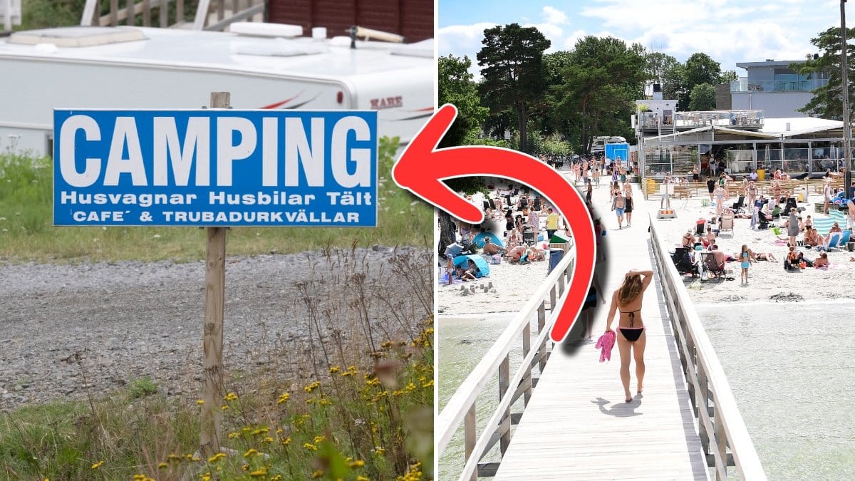 En campingskylt och en brygga med badande resenärer.