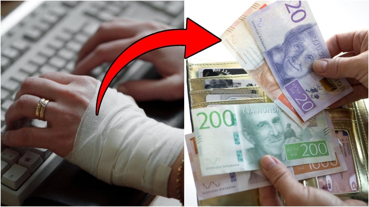 Bandagerad hand, pengar i plånbok.