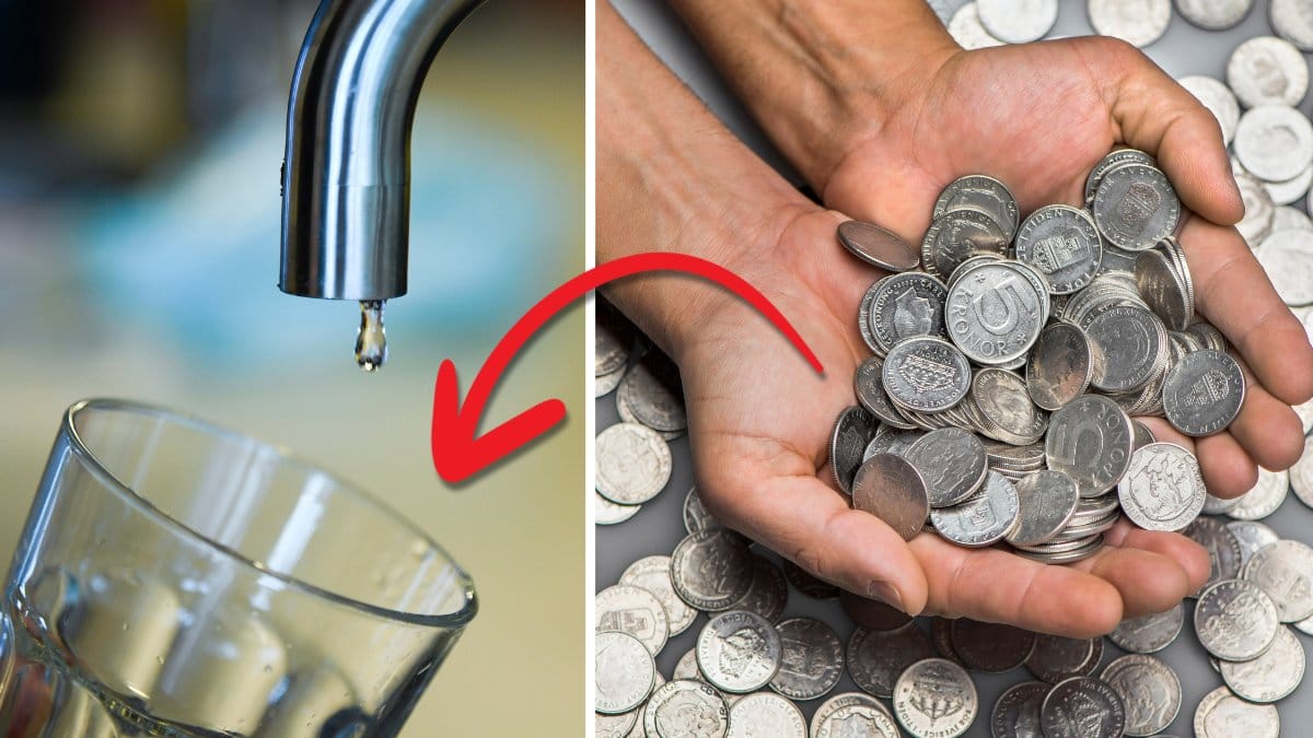 Vattenkran och svenska mynt.