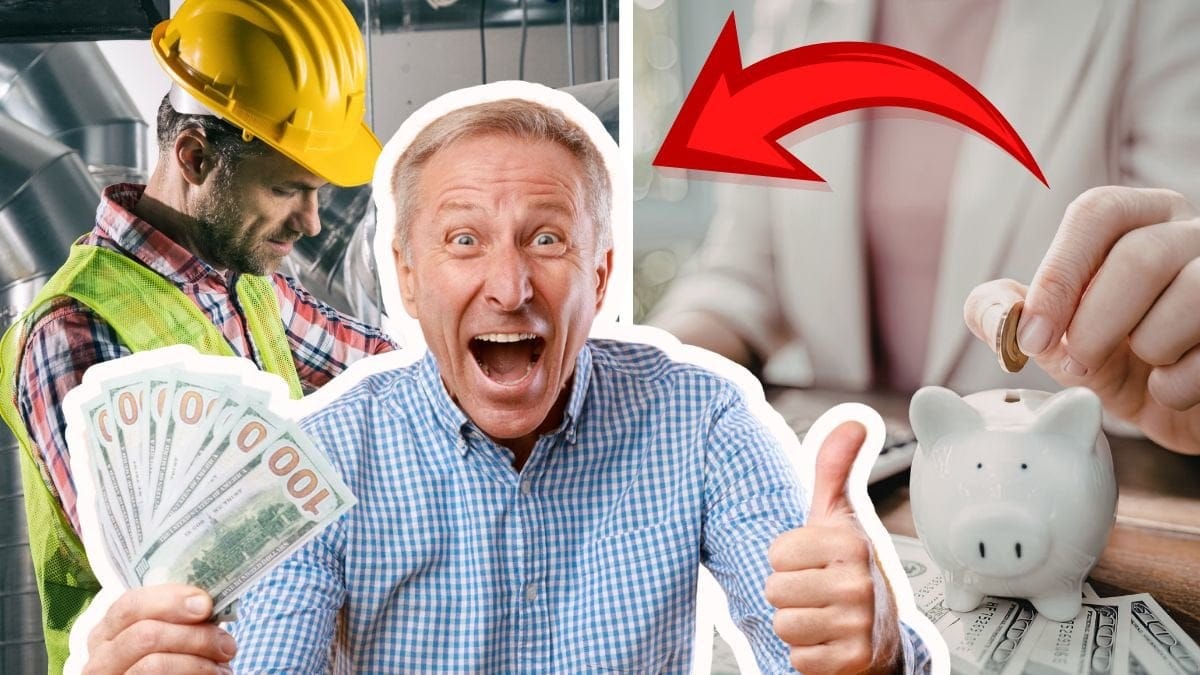 Arbetar-man vänster, Person som lägger mynt i spargris höger. En man med glatt uttryck som gör tummen upp och håller kontanter i mitten.