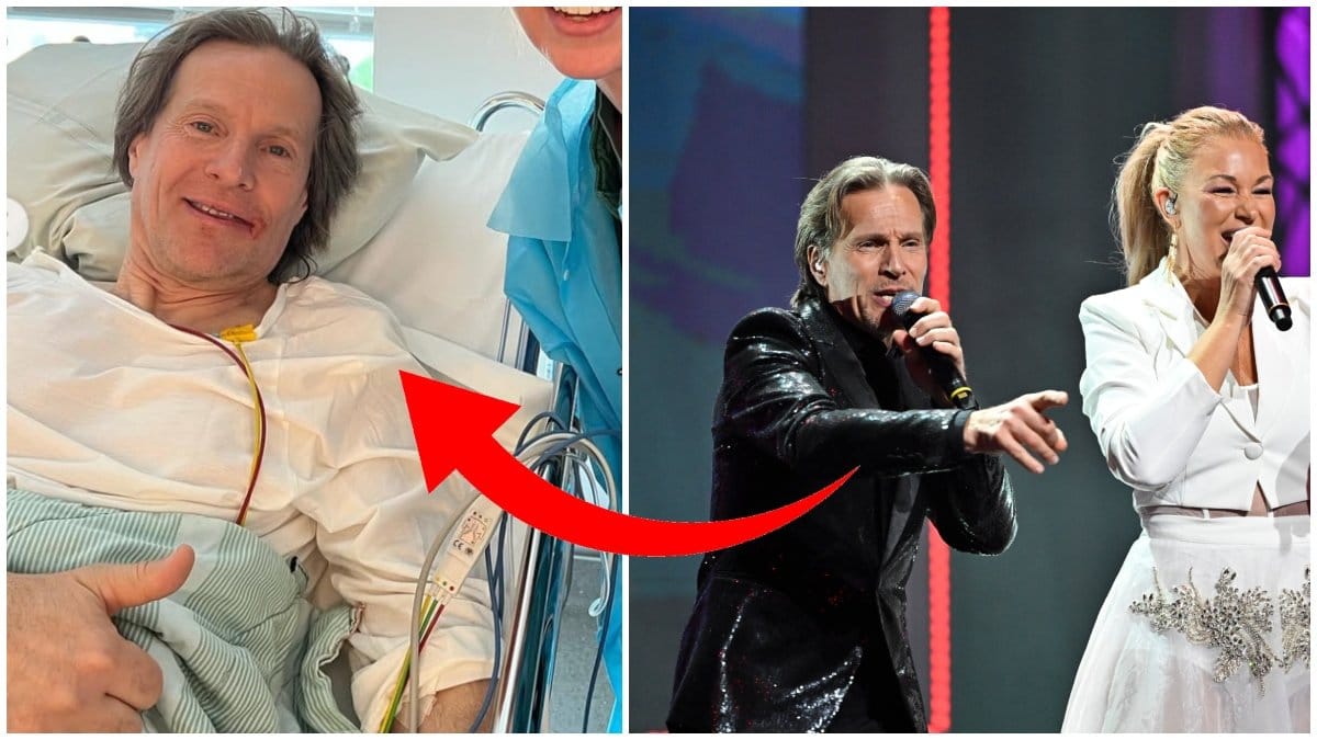 Till vänster syns Magnus Bäcklund ligga i en sjukhussäng, och gör tmmen upp med handen. Till höger syns han uppträda tillsammans med Jessica Andersson, som ett framträdande under 2025 års Melodifestival.