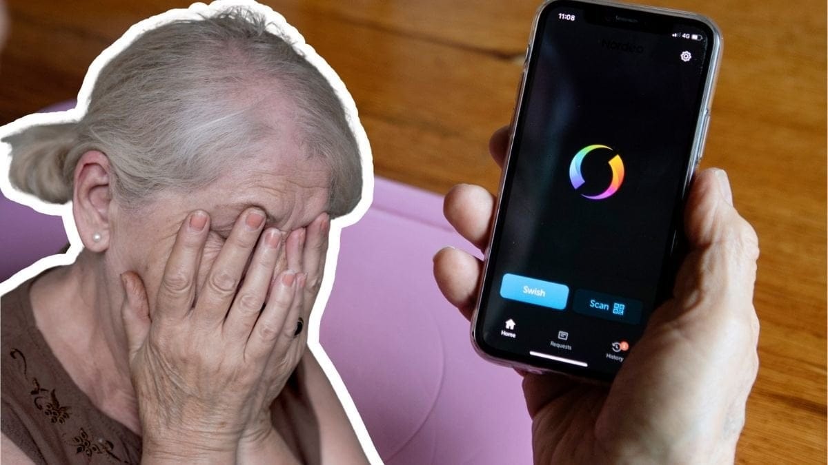 Ledsen kvinna och en mobiltelefon med Swish-appen öppen.