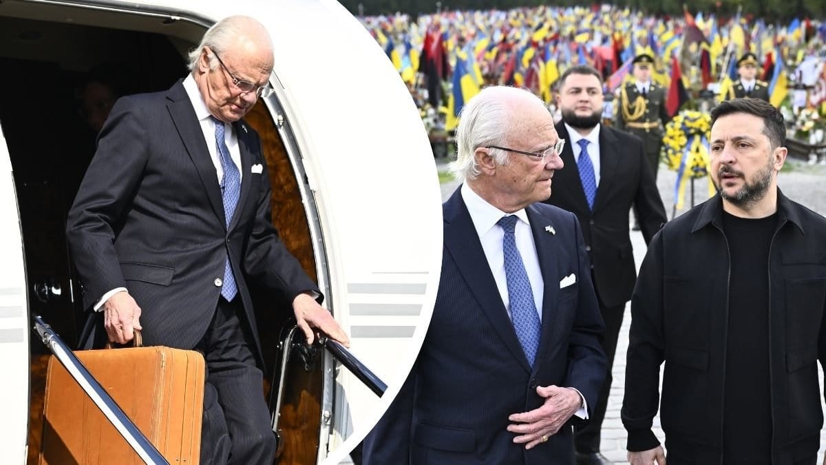 Kungen kliver ur planet vänster. Kungen och Ukrainas president höger.