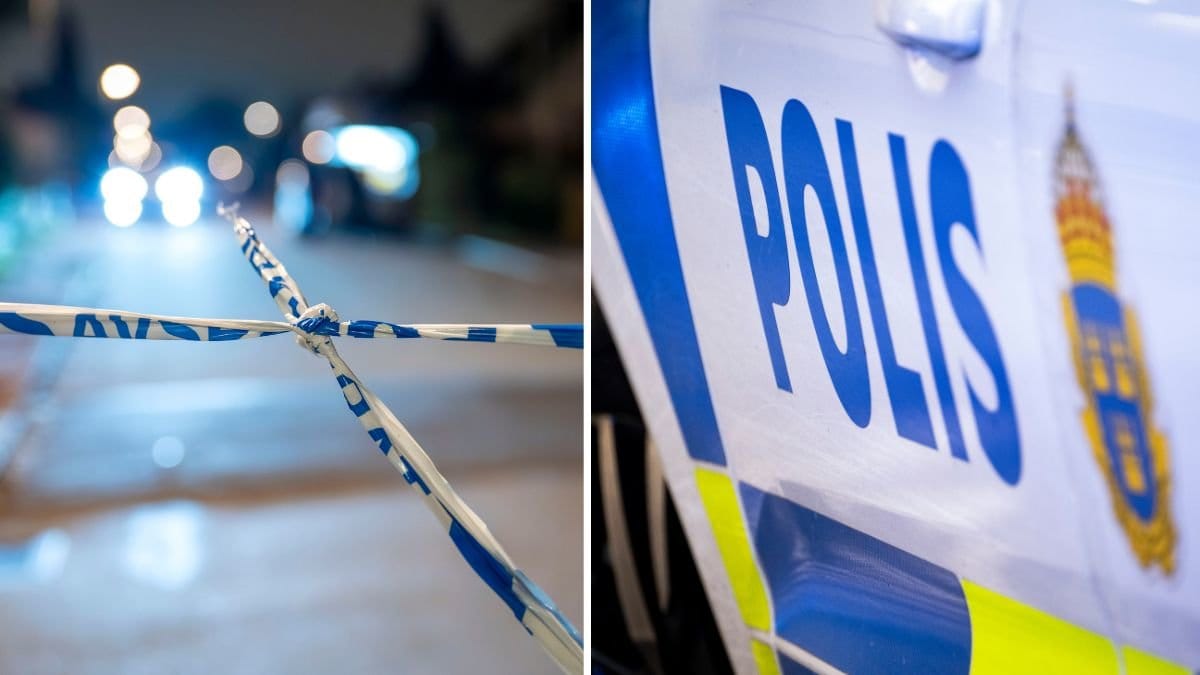 Polistejp till vänster, polisbil till höger. 