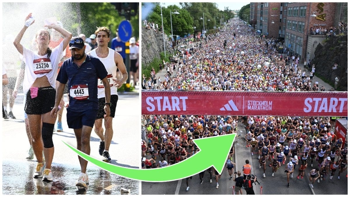 Löpare svalkar sig med vatten under Stockholm marathon och startlinjen på Stockholm marathon