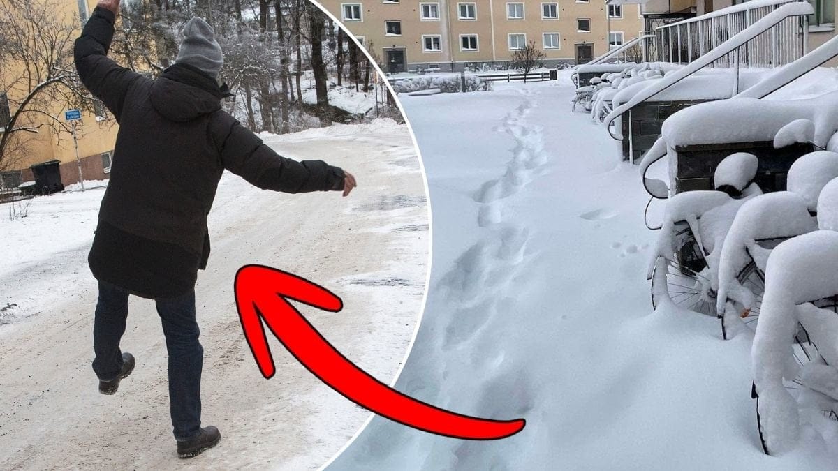 Bilder på snö och en människa som halkar.