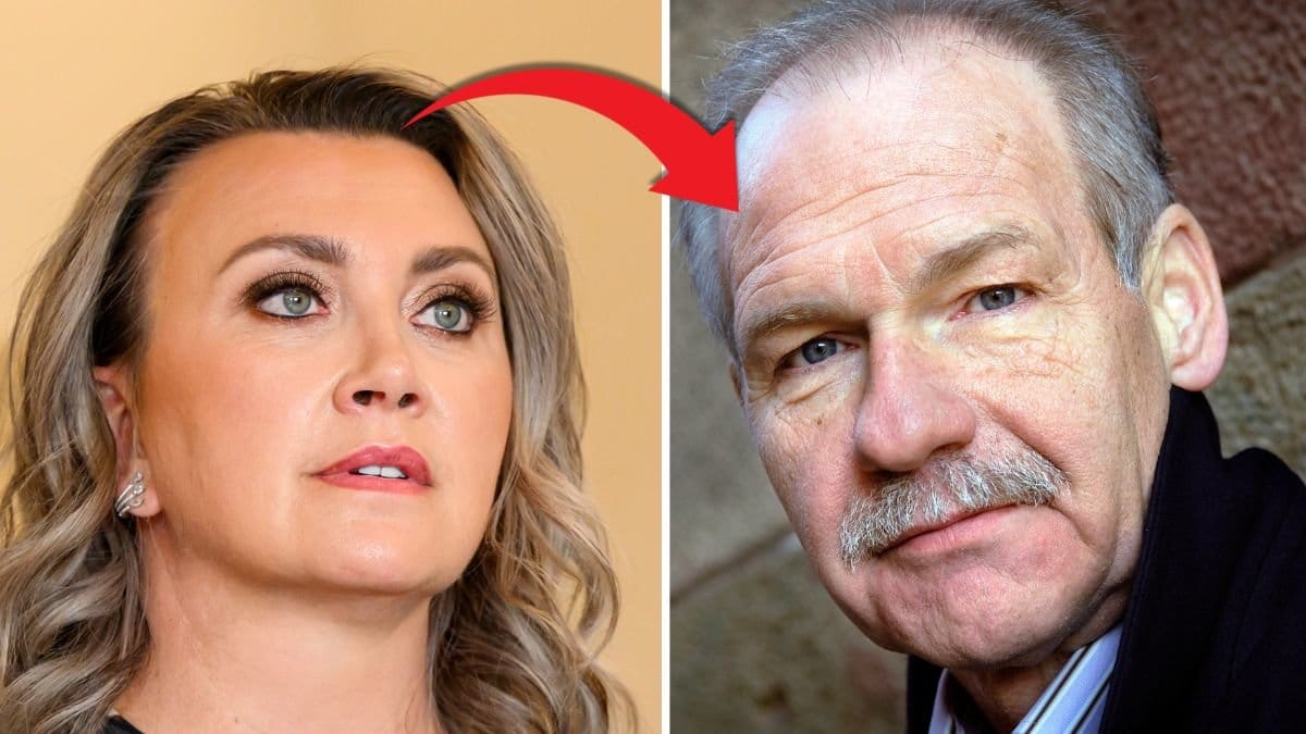 Camilla Läckberg till vänster. Bengt Nordin till höger. En röd pil pekar från Camilla Läckberg till Bengt Nordin.