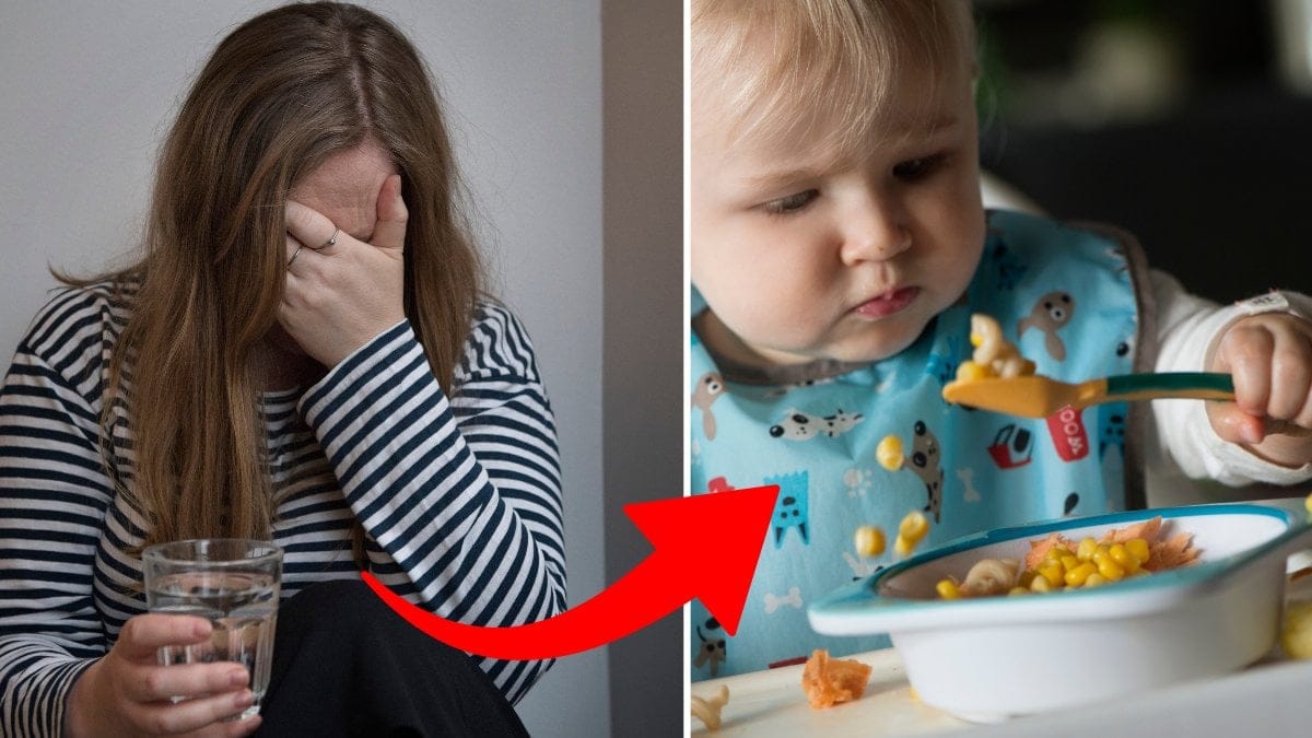 Ledsen kvinna och ett barn som äter