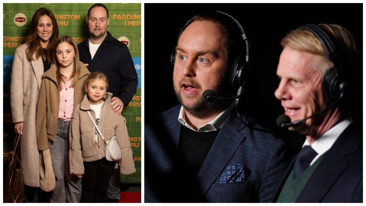 Johan Edlund och frun Sofia Geite med deras döttrar och Johan Edlund med Niklas Wikegård.