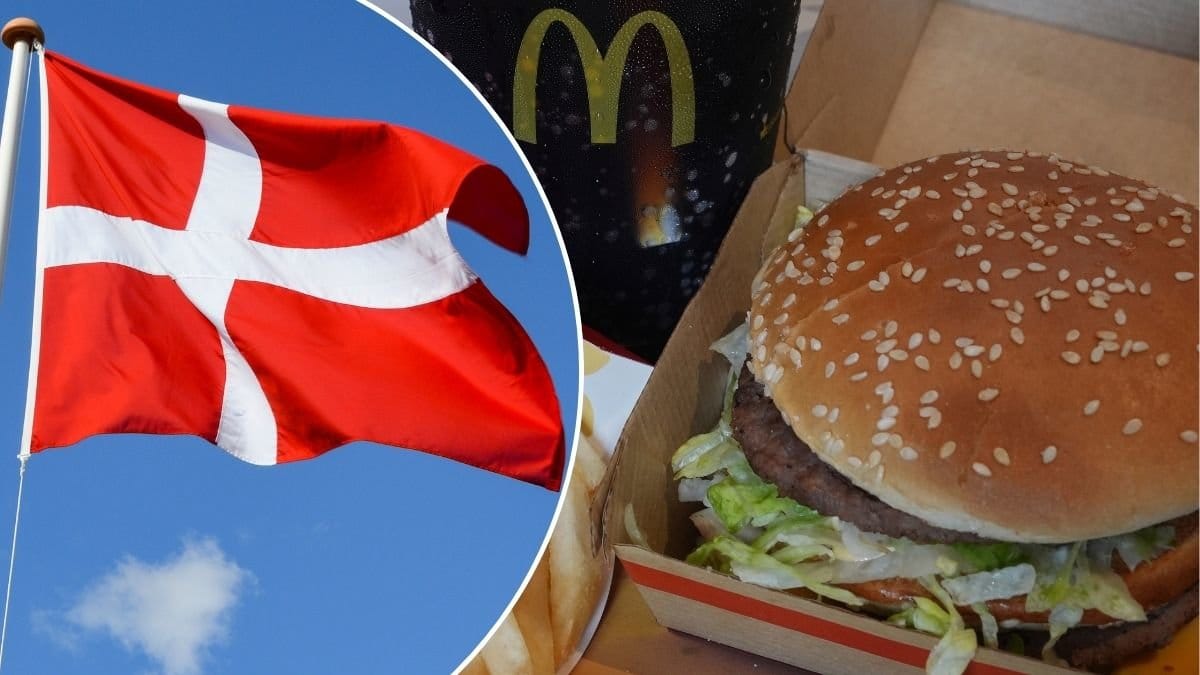 Bild på en av McDonalds hamburgare och en dansk flagga.