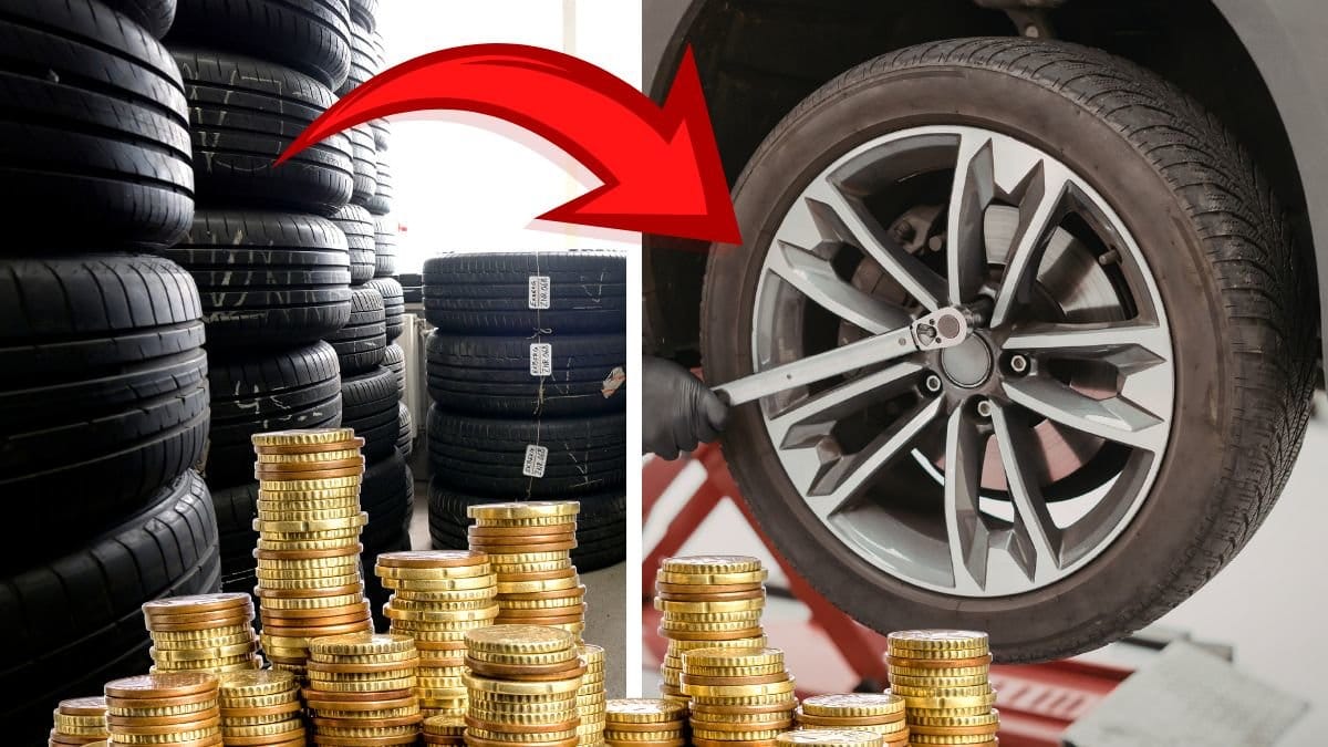 Däck i hög vänster. Man byter däck till höger. En utklippt mynthög vänster.