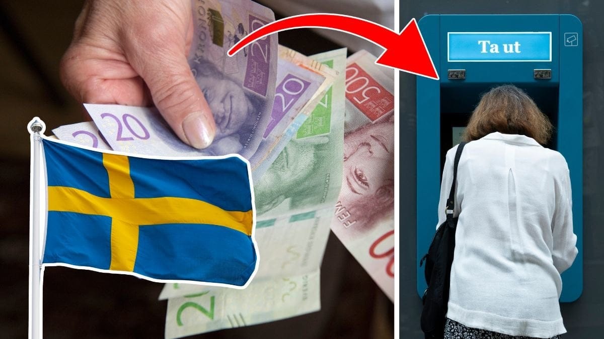 Plånbok med kontanter, bankomat, svensk flagga