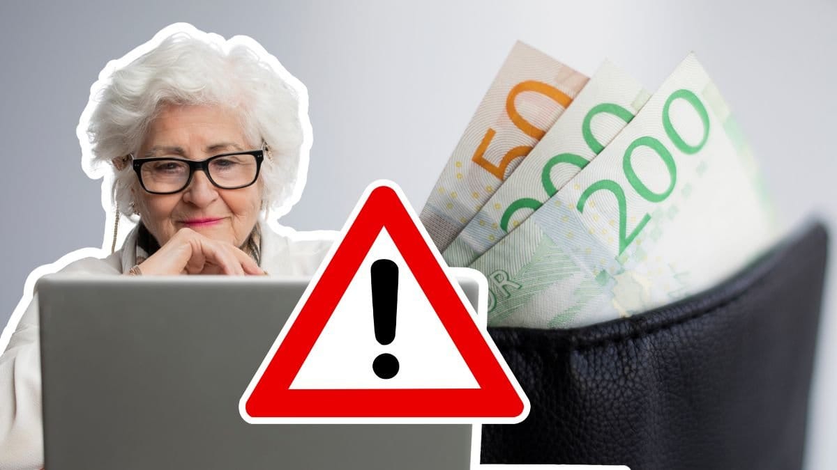 Äldre kvinna vid dator och en plånbok med svenska sedlar
