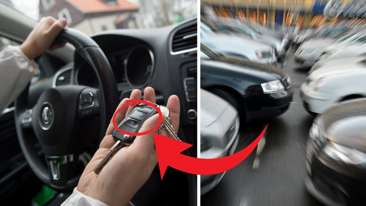 Bilnyckel och bil som står parkerade på en parkering.