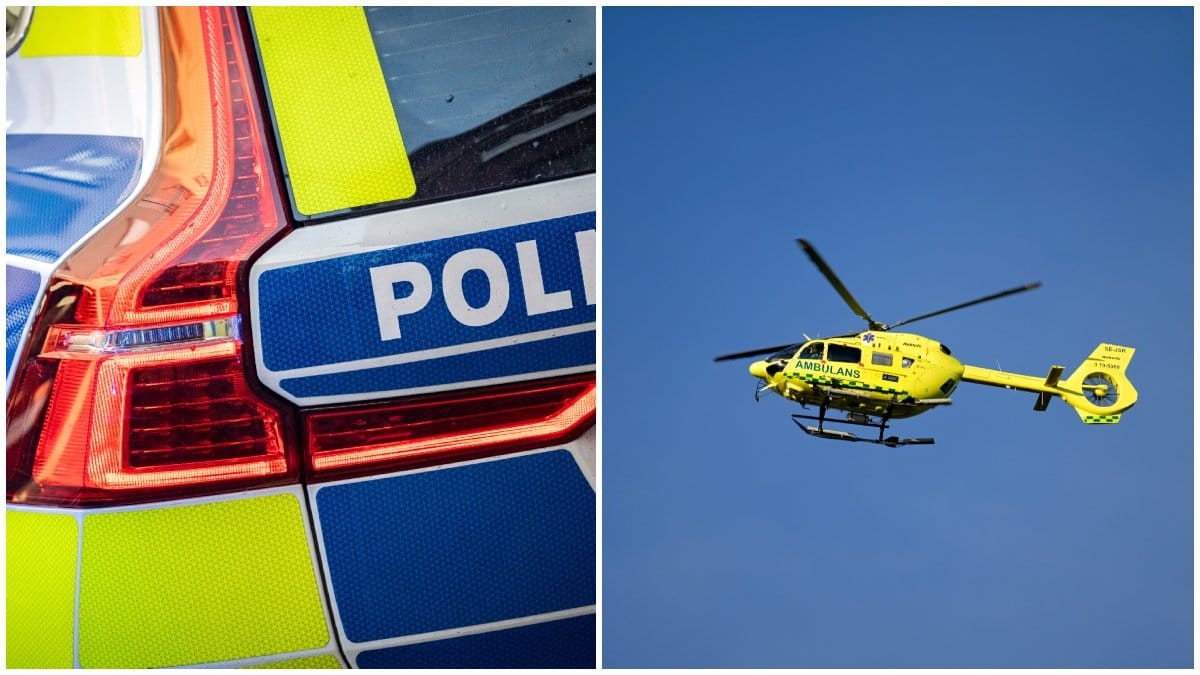 En polisbil och en ambulanshelikopter.