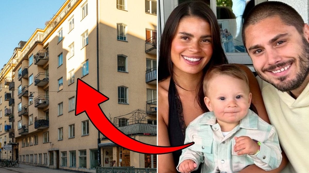 Oliver och Zoe med sonen Kali bredvid en bild på deras lägenhetshus.