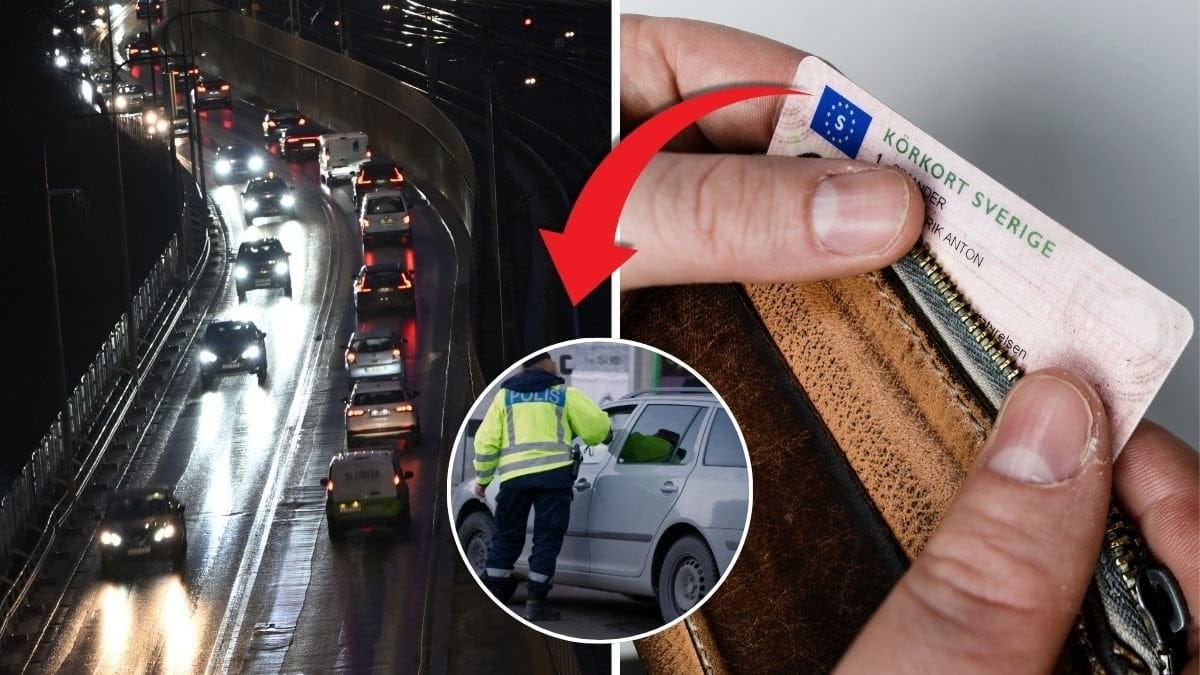 Bilkö på en bilväg och svenska körkortet, samt en poliskontroll.