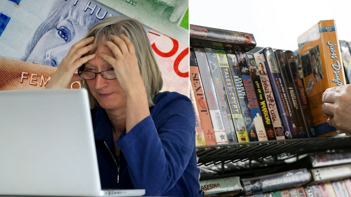 Pengar, kvinna vid en dator och en bokhylla med VHS-filmer i.