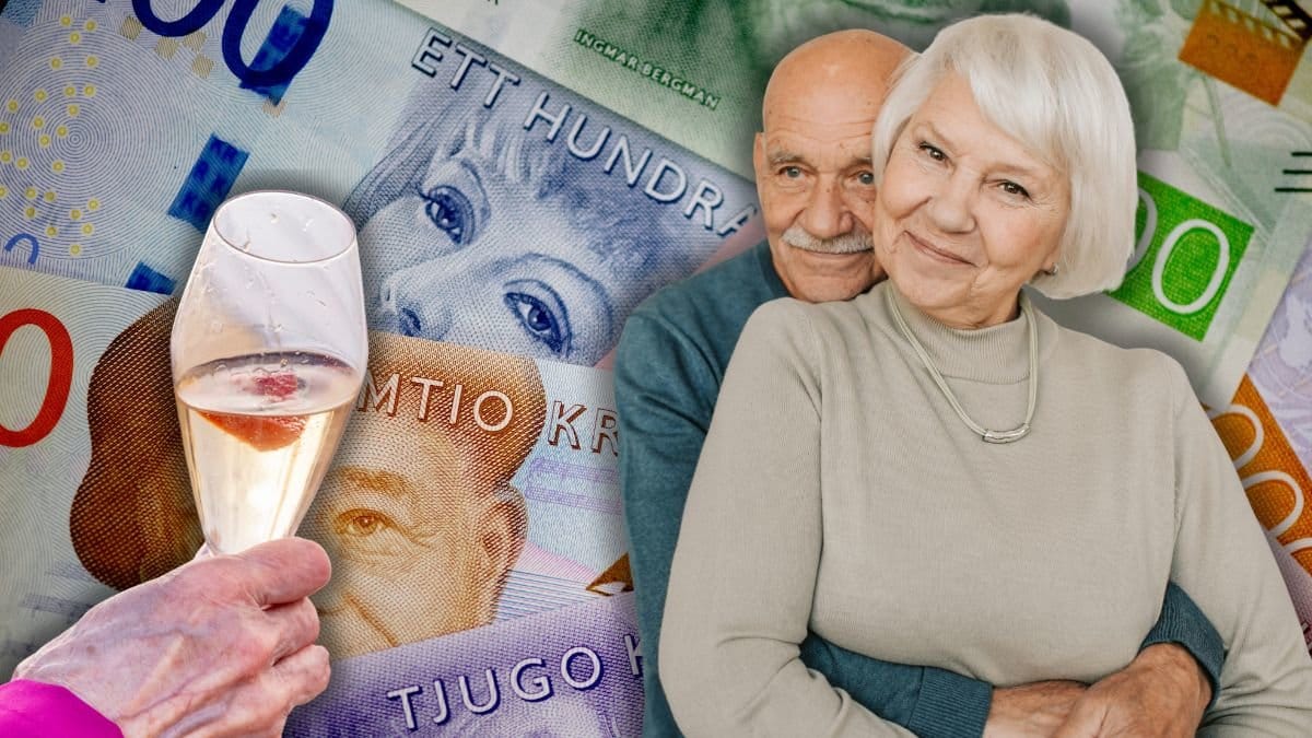 Champagne i en hand, sedlar och ett glatt par som kramar varandra.