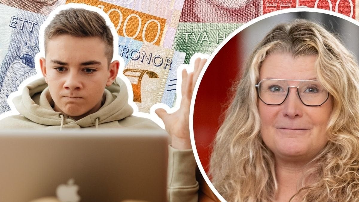 Ung man framför datorn, svenska sedlar och Pensionsmyndighetens expert Monica Zettervall