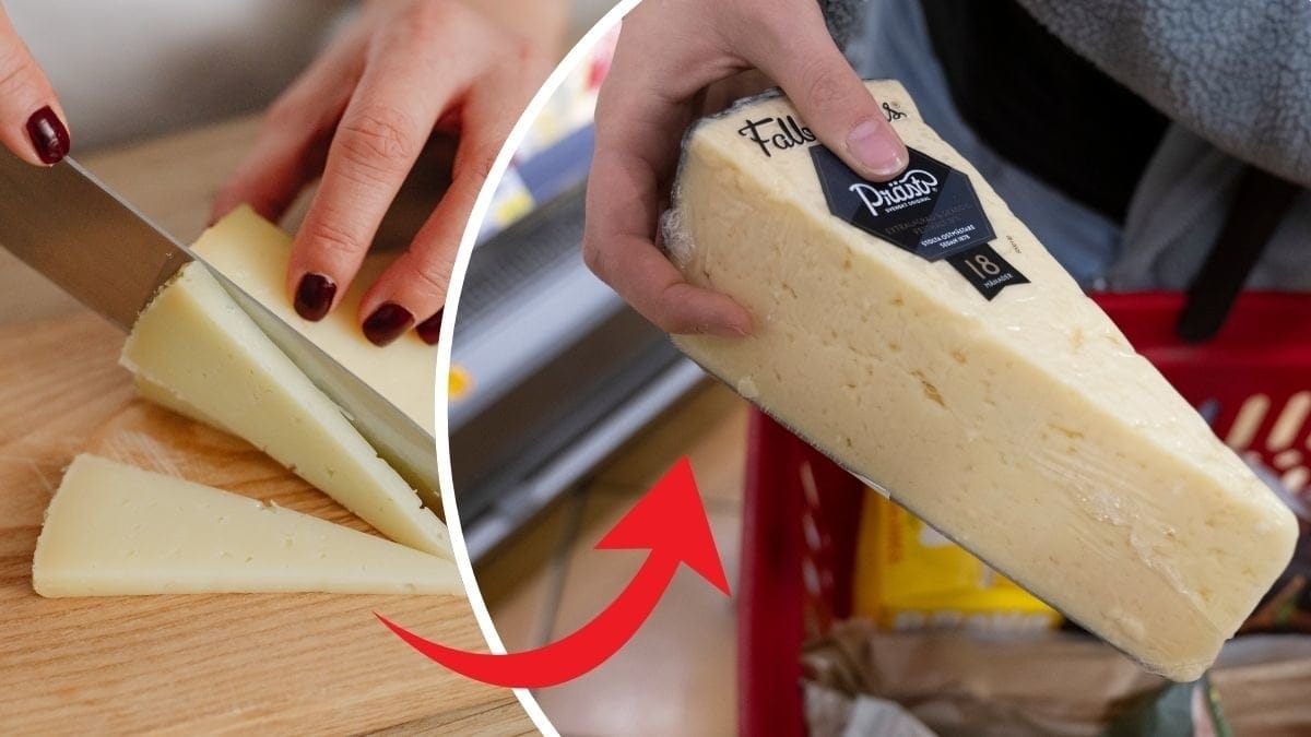 Kniv skivar ost till vänster. En prästost till höger.