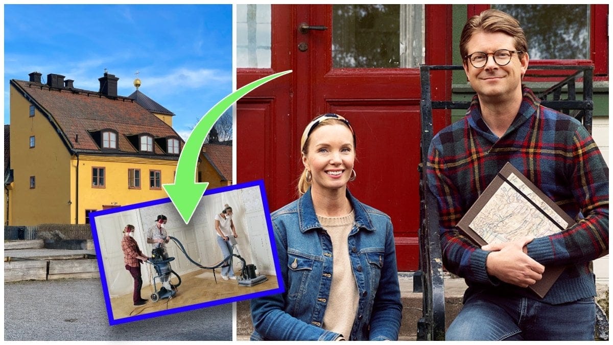 Roseliuska bostaden i Stockholm, Bingo Rimér och Julia Franzén som slipar golv och Erika Åberg tillsammans med Rickard Thunér