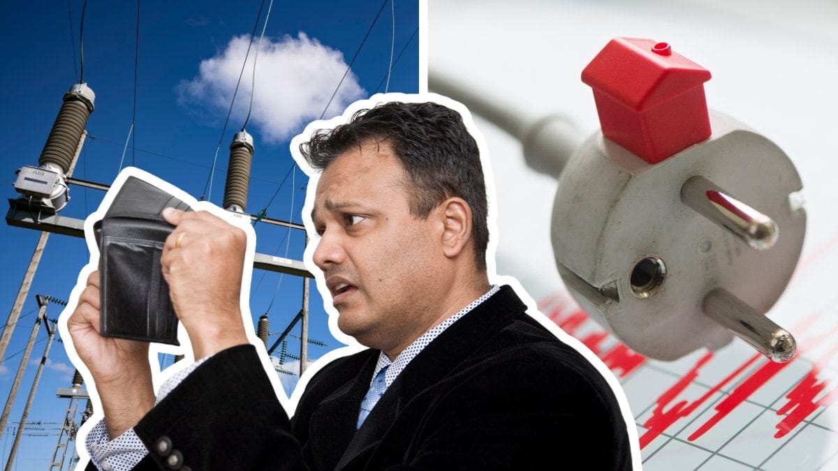 Elnät-mastar vänster. En elkontakt med ett miniatyrhus på höger. En utklippt bild på en man som tittar in i et tom plånbok vänster.
