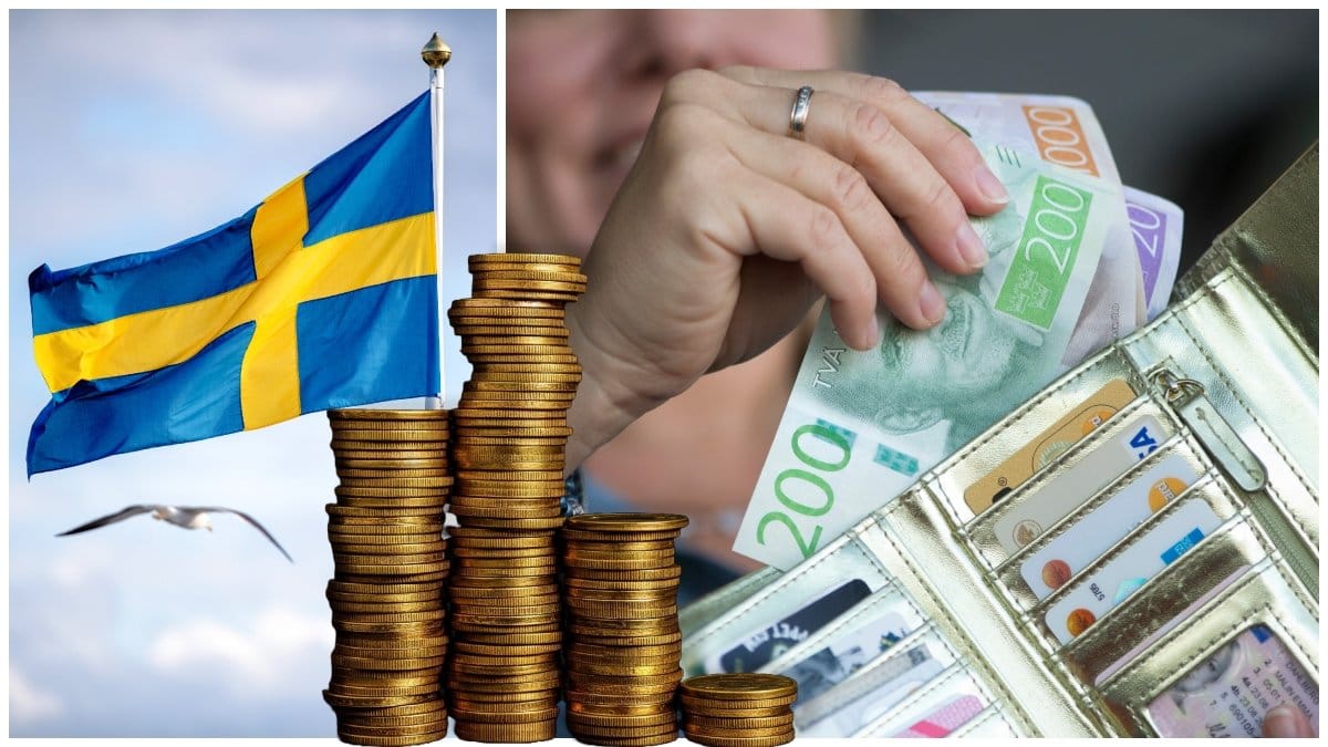 Sverige-flagga och en hand som plockar upp kontanter ur en plånbok.