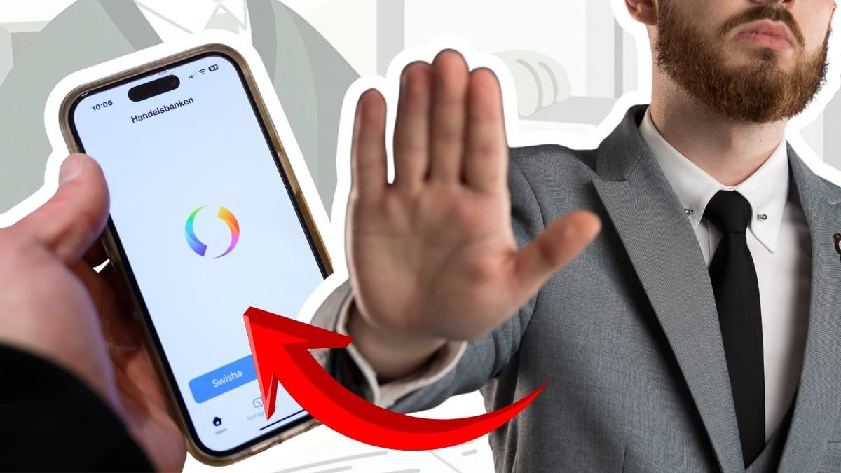 Swish på en telefon vänster. En man i kavajen håller fram handen i en stopp-rörelse höger. Röd pil pekar på telefonen.