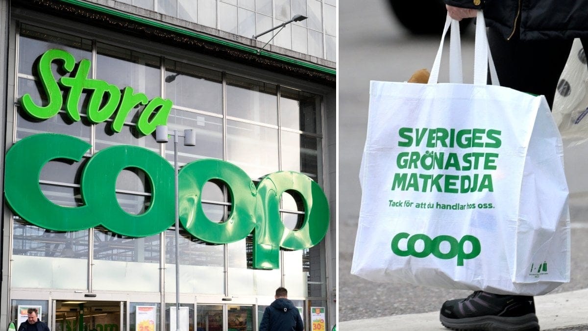 Bild på Coops entré och en bärkasse från Coop-